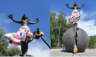 Наряд для «Девочки на шаре»: модельер нарядила 15-метровый монумент в юбку под Новосибирском
